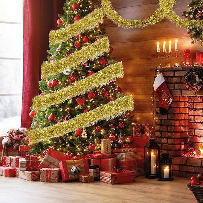 32.8 Ft Gold Christmas Tinsel Garland Metallic Shiny Tassle Banner Wall Hanging - Image 6