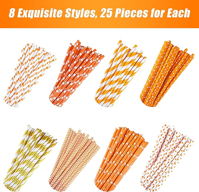 Cooraby 200 Pieces Thanksgiving Paper Straws Orange and Gold Assorted Paper - Image 4