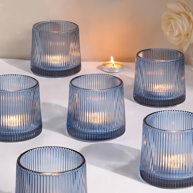 DARJEN Blue Ribbed Tealight Votive Candle Holders- 6Pack Glass Candle Holders by DARJEN