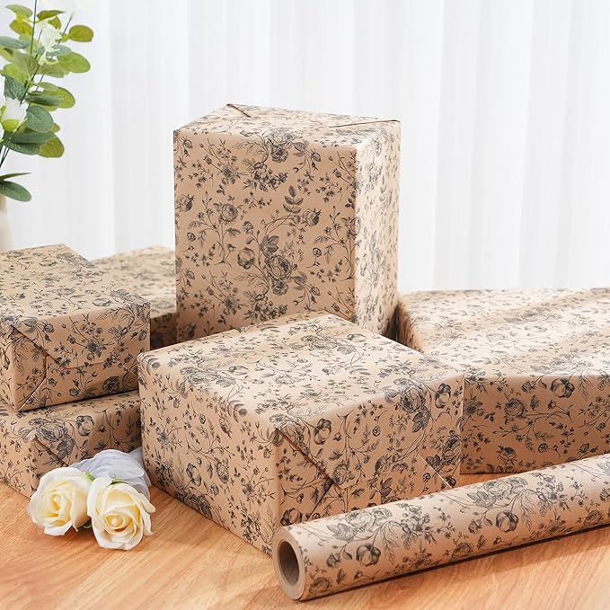 Ulmasinn Kraft Floral Wrapping Paper Roll - Image 4