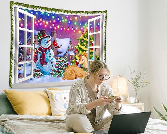 QGHOT Christmas Window Tapestry Wall Hanging, Christmas Backdrop Winter Window - Image 3