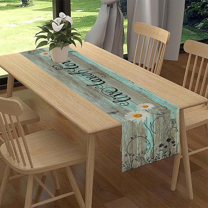 Farmhouse Table Runner, Rustic Wood Plank Spring Daisy Flower Retro Wooden - Image 3