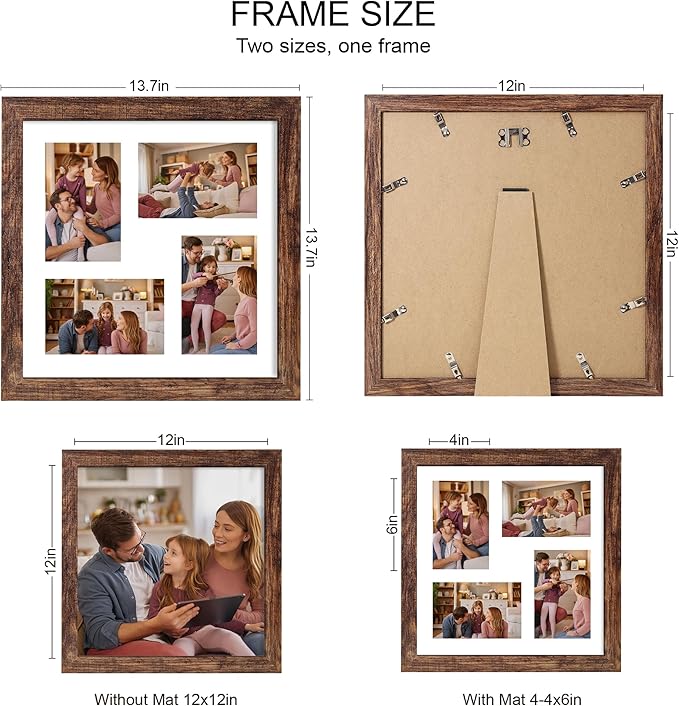 12x12 Picture Frame Set of 2, Rustic Brown Wood Frame - Image 2