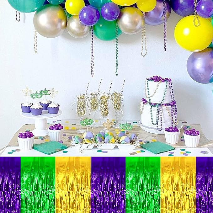 3 Pack 29 x108 Inch Gold Green Purple Foil Fringe Table Skirts Metallic Banner - Image 4