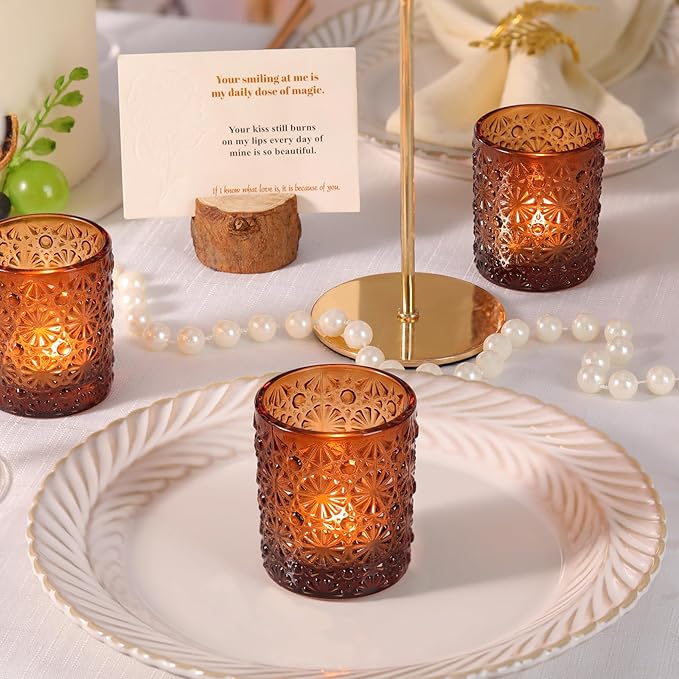 Amber Votive Candle Holder Set of 36, Flower Tea Lights Candles Holders - Image 2