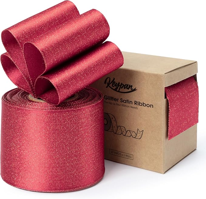 Christmas Ribbon Wired Red Satin Ribbons 2-1/2 Inch Double-Faced Gold Glitter by Keypan
