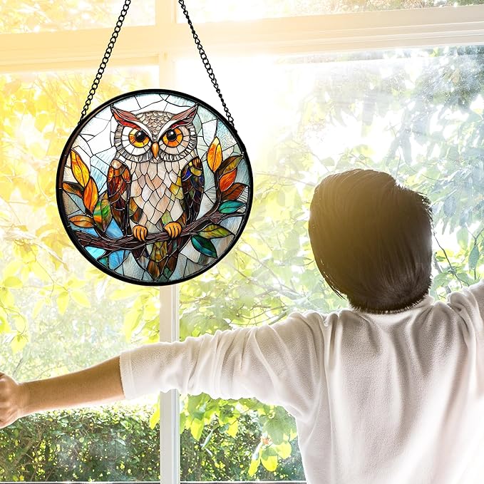 Stained Glass Window Hanging, Owl Colorful Leaves Birds Sun Catchers Diamond - Image 3