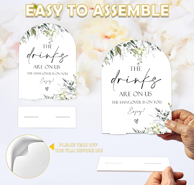 Greenery The Drinks Are On Us Sign, 6 x 8 Inch White Arch Acrylic Wedding Sign - Image 3