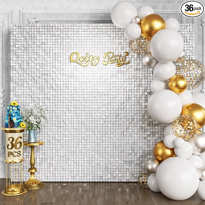 Qcity Mirror White Sequin Wall Backdrop 36PCS, Square Sequin Glitter Backdrop by QCITY