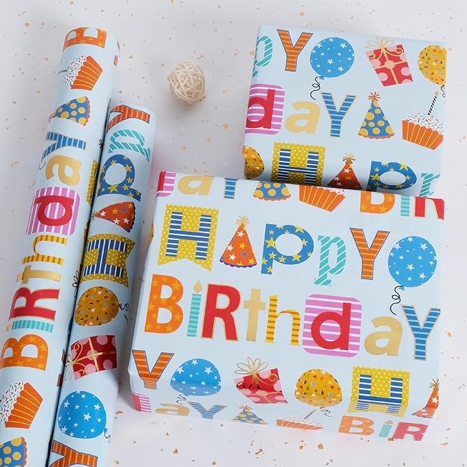 Aimyoo Blue Birthday Wrapping Paper Roll - Image 5
