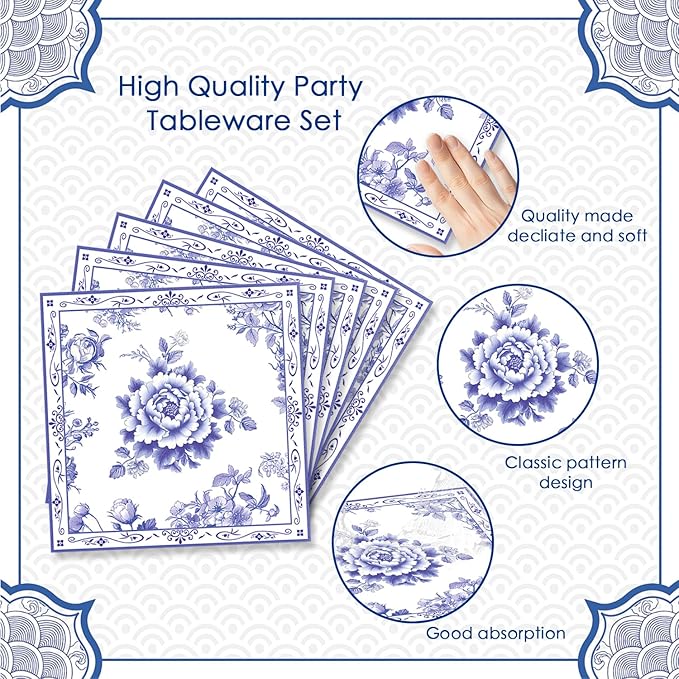 40pcs Blue and White Flower Party Decorations Disposable Blue Floral Plates and - Image 4