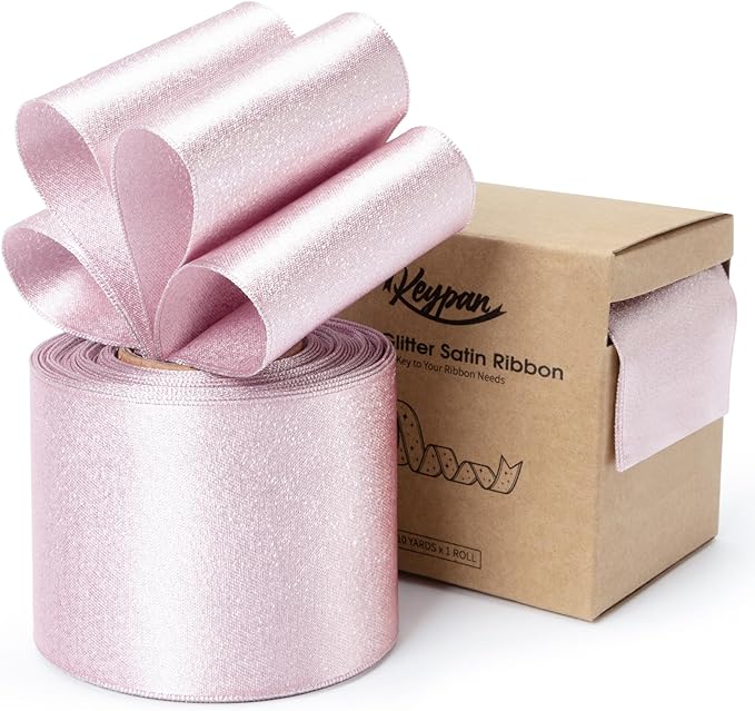Pink Satin Wired Ribbon 2-1/2 Inch Double-Faced Sliver Glitter Ribbons by Keypan