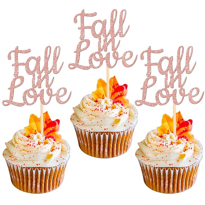 24 PCS Fall in Love Cupcake Toppers Glitter Bridal Shower Cake Picks Decorations by ZHUOWEISM