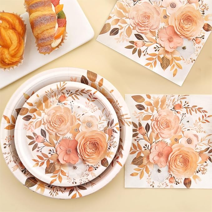 Boho Fall Plates and Napkins Sets, Floral Paper Plates Supplies Serves 50 - Image 6