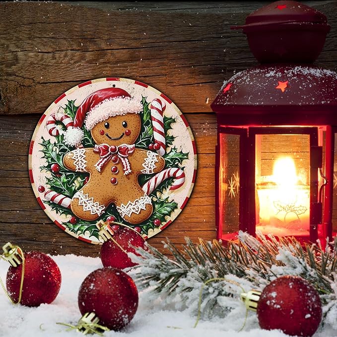 Round Christmas Metal Tin Sign Rustic Wall Decor Gingerbread Man Vintage Tin - Image 5