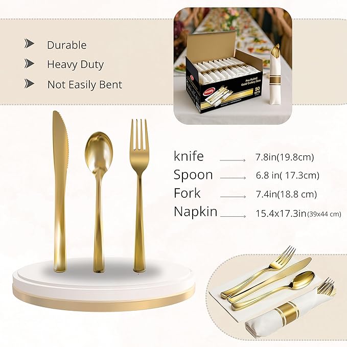 Neatiffy 50 Pack Gold Plastic Silverware Set, Pre Rolled Napkin and Cutlery Set - Image 3