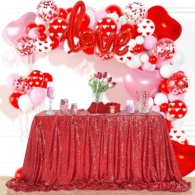 QueenDream Sequin Tablecloth 90"x156" Red Tablecloth Rectangular Party by QueenDream