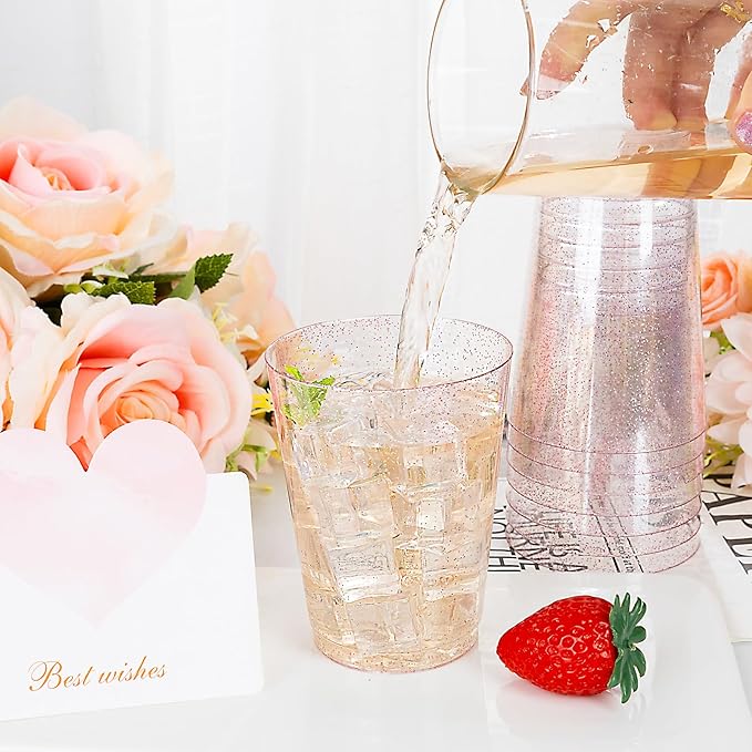 DaYammi 100 Pack 10oz Pink Plastic Cups, Premium Disposable Rose Gold Glitter - Image 3