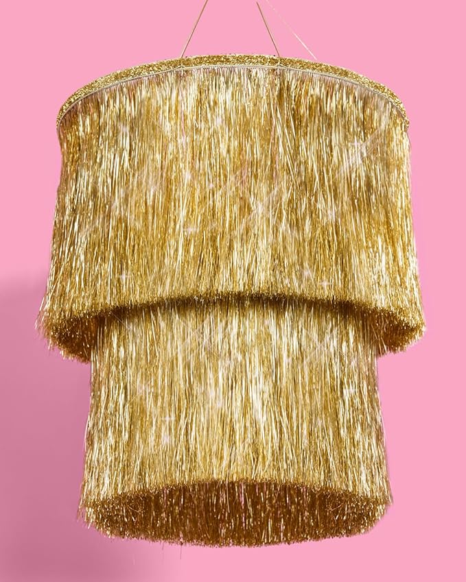 xo, Fetti Gold Fringe Tinsel Chandelier | 16" | Bachelorette Party Decorations - Image 3