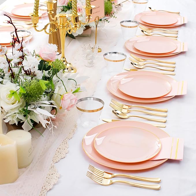 NOCCUR 350PCS Pink and Gold Plastic Plates - Image 4