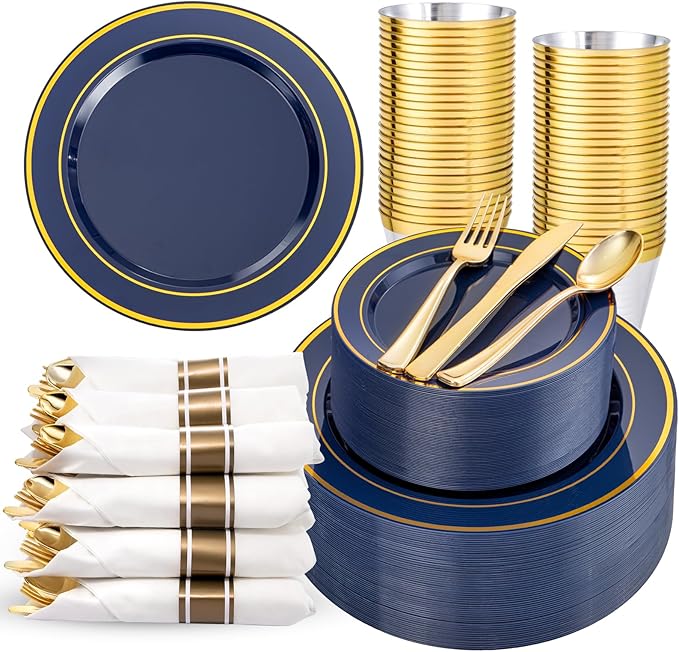 350PCS Blue and Gold Plastic Plates by WDF
