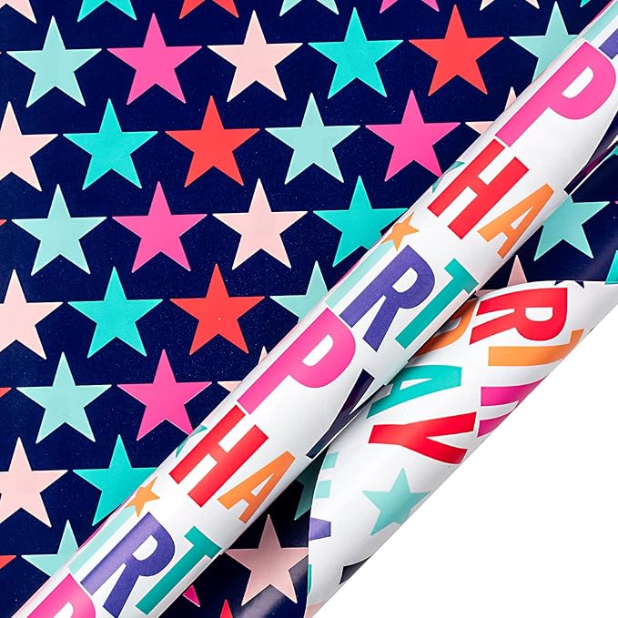 LeZakaa Reversible Stars Birthday Wrapping Paper Roll, Happy Birthday Lettering - Image 6