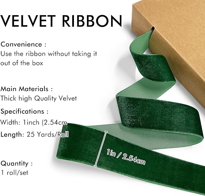 Dark Green Velvet Ribbon 1'' 25 Yards - Image 2