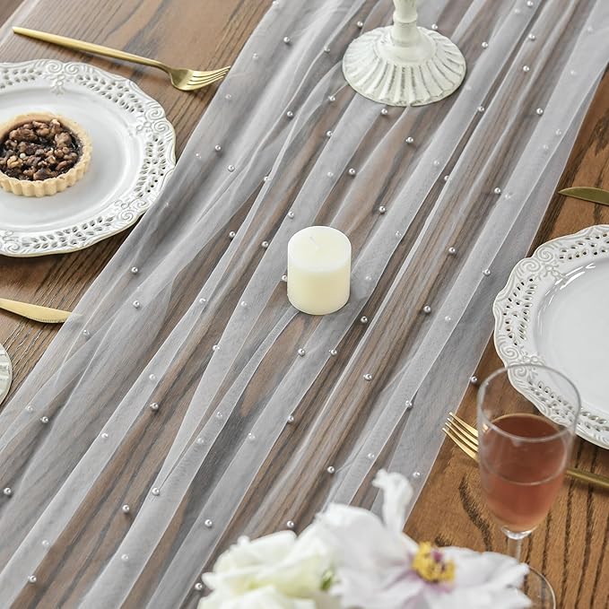 Artoid Mode Pearl Grey Gauze Table Runner 120 Inch 10FT, Seasonal Sheer Dining - Image 4