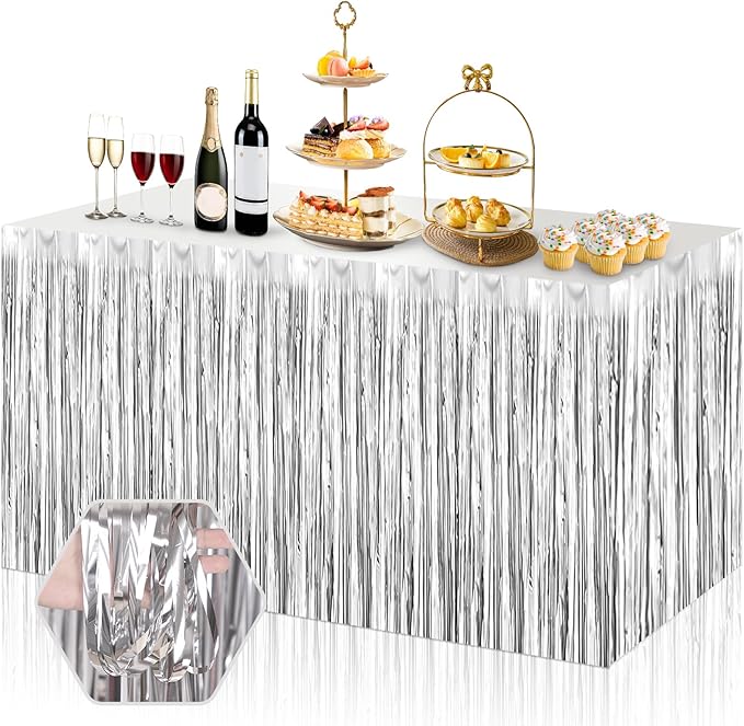 3 Pack 29x108 Inch Silver Foil Fringe Table Skirts Metallic Banner by Ferwzsr