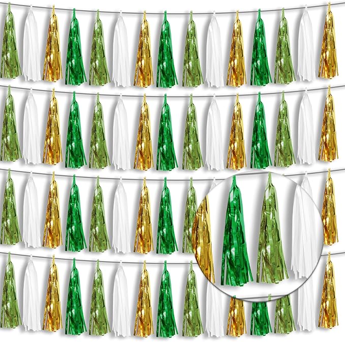 4P Sage-Green Gold Foil Fringe Tassel Banner Garland Metallic Tinsel Streamers by Xuuf