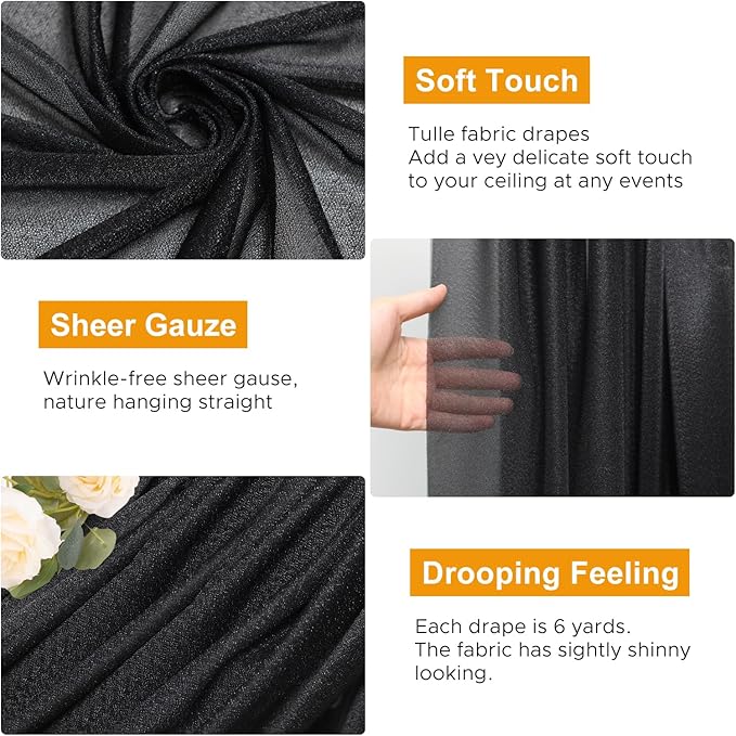 Wedding Arch Draping Fabric 2 Panels 28.7" x 20FT Black Sheer Chiffon Backdrop - Image 3