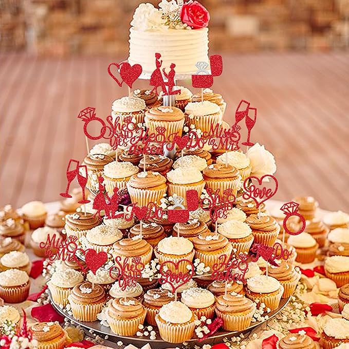 30 PCS He Asked She Said Yes Cupcake Toppers Glitter Engagement Cupcake Toppers - Image 5