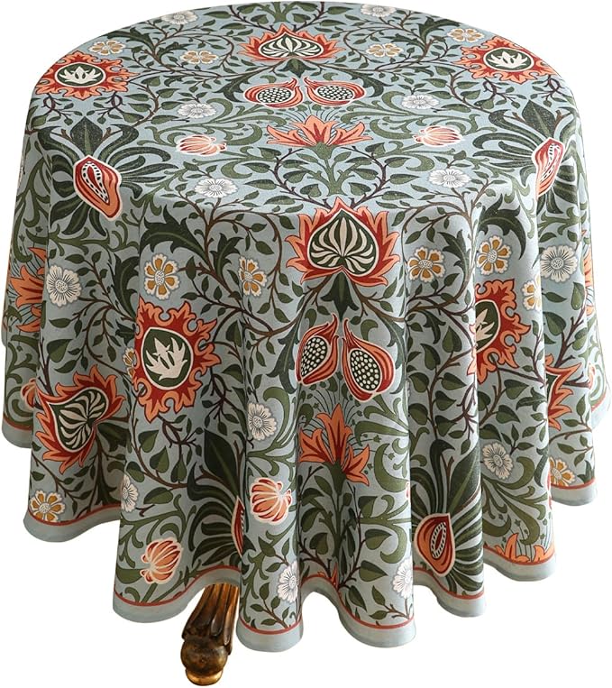 ISAENNE Designer Bohemian Linen Green Small Round Tablecloth, Floral Indoor by Isaennehomedecoration