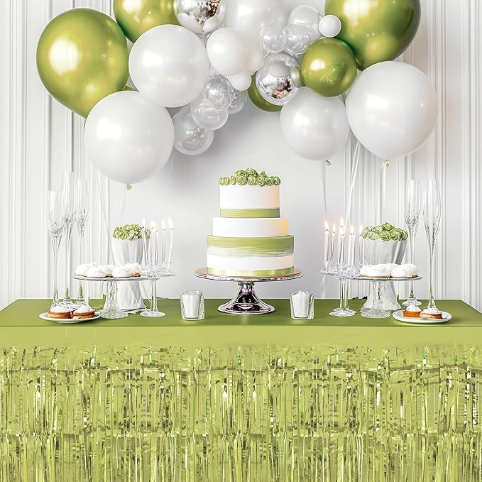 2 Pack Lime Green Table Skirts, 29x108" Metallic Foil Tinsel Fringe Table Skirt - Image 5