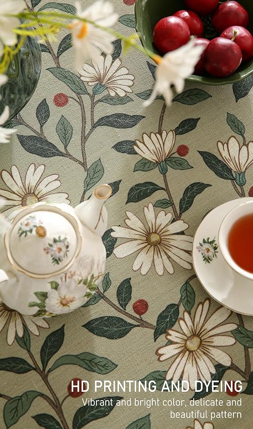 ISAENNE Designer Green Linen Small Round Tablecloth, Floral French Country - Image 3