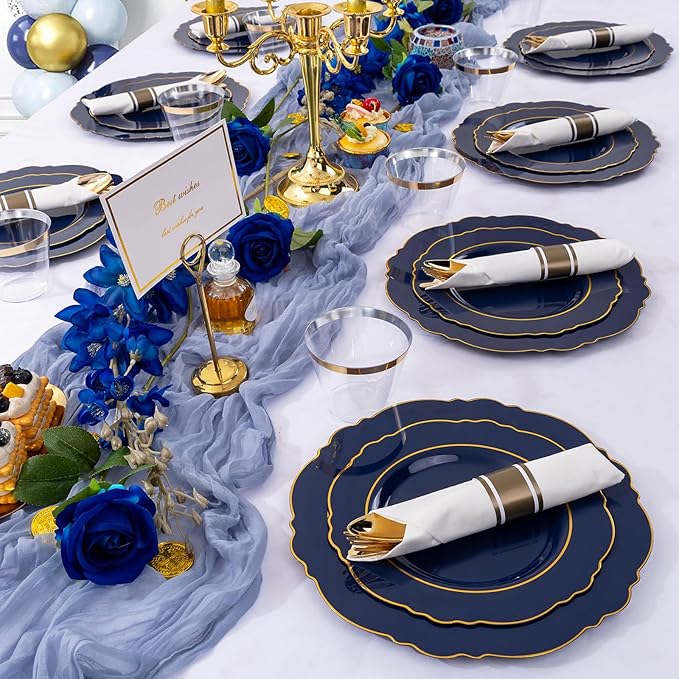 Liacere 350PCS Navy Blue Plastic Plates-Disposable Blue Gold Plates 50guest - Image 7