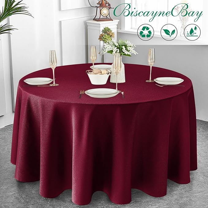 Biscaynebay Textured Fabric Christmas Round Table Cloth 120", Burgundy Water - Image 6