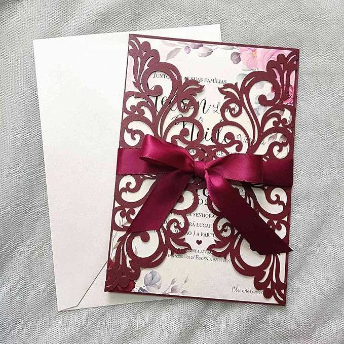 25PCS Laser Cut Burgundy Wedding Invitations Cards - Image 4