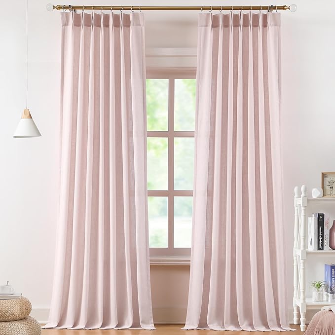 Vision Home Soft Pink Pinch Pleated Semi Sheer Curtains Textured Linen Blended by VisionHome