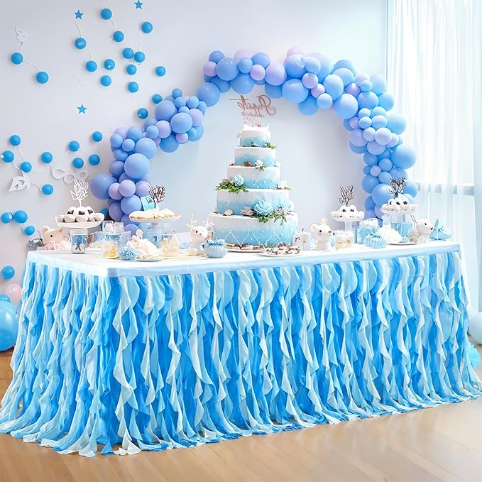 Partisky Ocean Blue Tulle Tutu Ruffle Curly Willow Table Skirt by Partisky