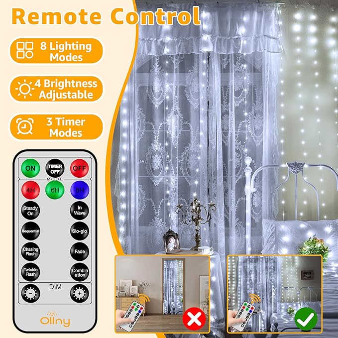 Ollny Curtain Lights 300LED 9.8ftx9.8ft, Connectable IP67 Waterproof Outdoor - Image 5