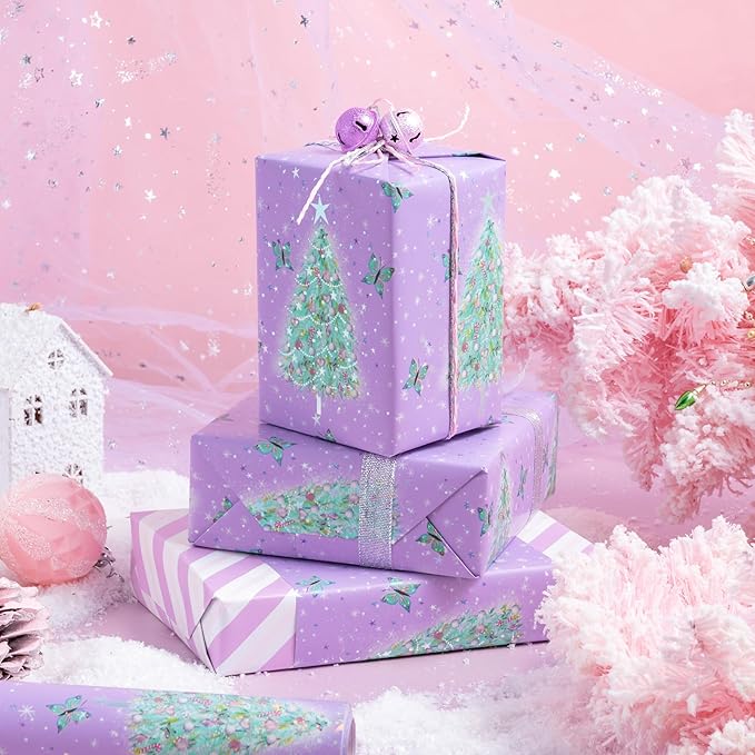 LeZakaa Christmas Purple Wrapping Paper Mini Roll, Christmas Tree Butterfly - Image 7