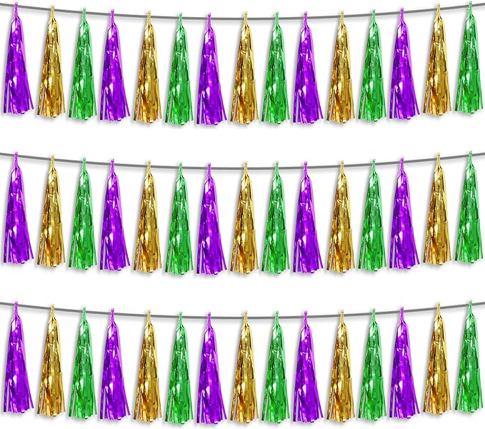 3P Purple Green Gold Foil Fringe Metallic Tassel Streamers Banner Tassel Garland by HYSILLA