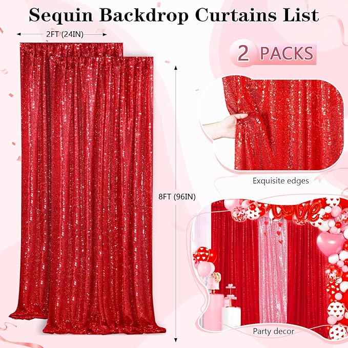 QueenDream Red Sequin Backdrop 2 Panels 2FTx8FT Christmas Party Backdrop - Image 5