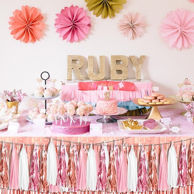 8P Pink White Peach Rose Gold Tassels Foil Fringe Metallic Garland Banner - Image 5