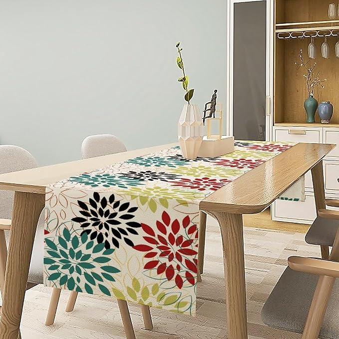 Abstract Red Dahlia Vintage Table Runner, Geometric Lines Mid Century Vintage - Image 4