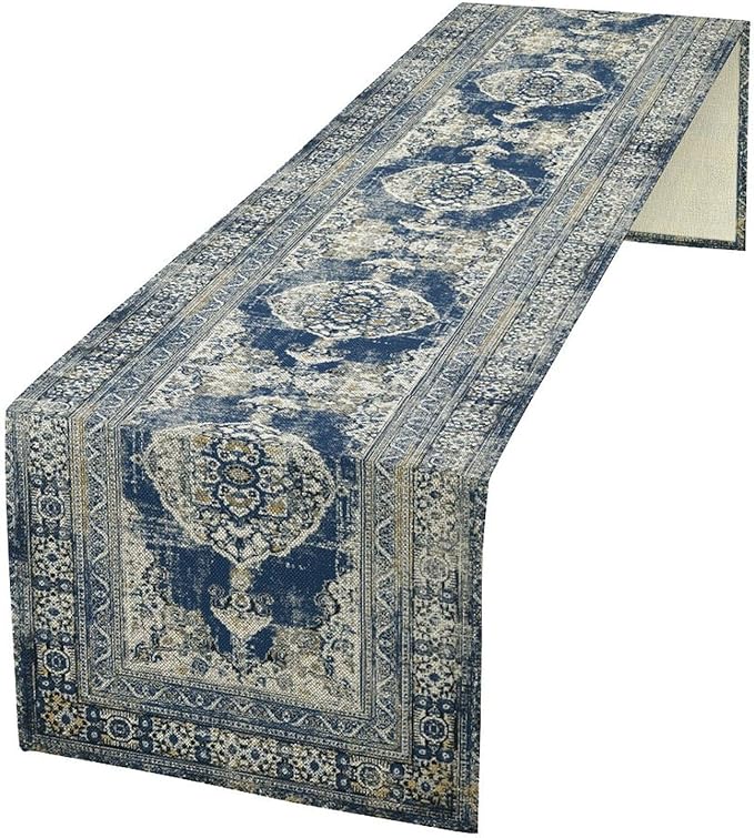 Vintage Boho Floral Table Runner, Rustic Country Farmhouse Blue Teal Retro by Unknown