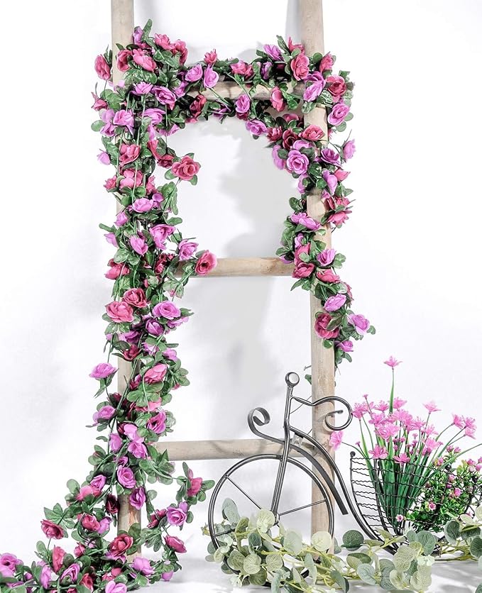 Miracliy 9Pcs 74FT Purple Flower Garland Artificial Rose Arch Vines Fake Spring - Image 8