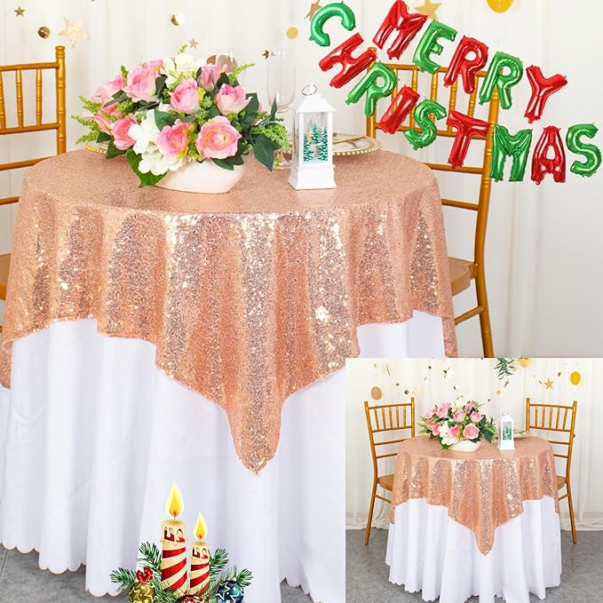 ShinyBeauty Rose Gold Tablecloths 36X36 Inch, 2 Pieces Sequin Table Cloth - Image 2