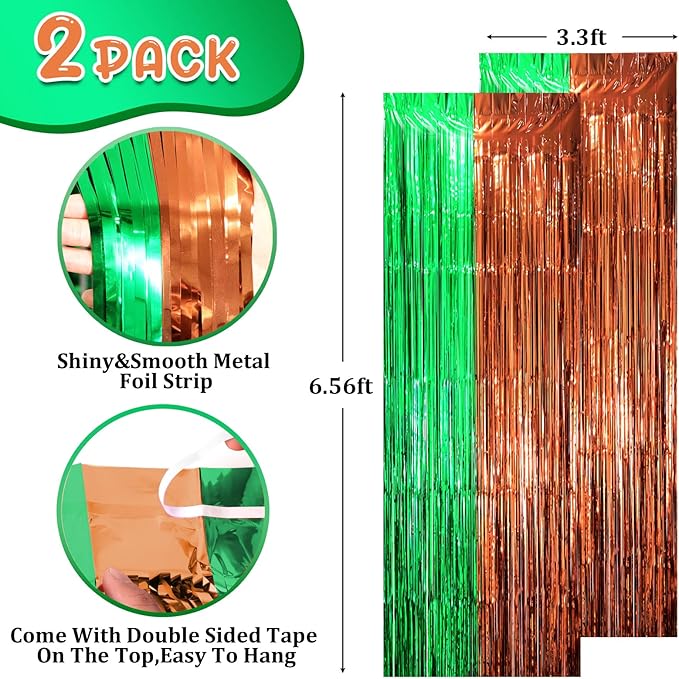 2 Pack Green and Brown Foil Fringe Backdrop Curtains, Tinsel Streamers Party - Image 2